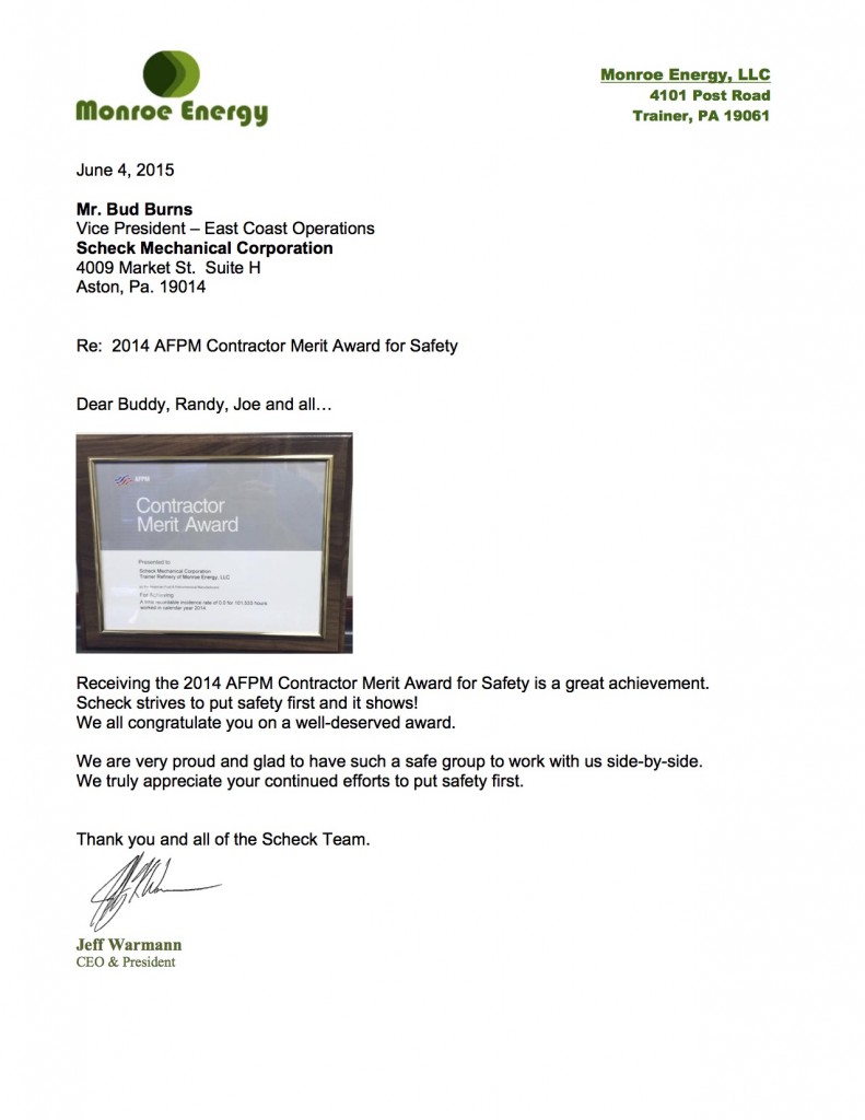 Read a letter from Monroe Energy recognizing Scheck Mechanical for the Contractor Merit Award